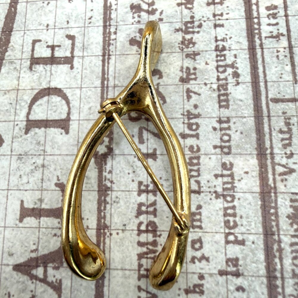 1950s Vintage Large Gold Tone Wishbone Brooch Pin Good Luck Symbol Estate - Picture 7 of 11